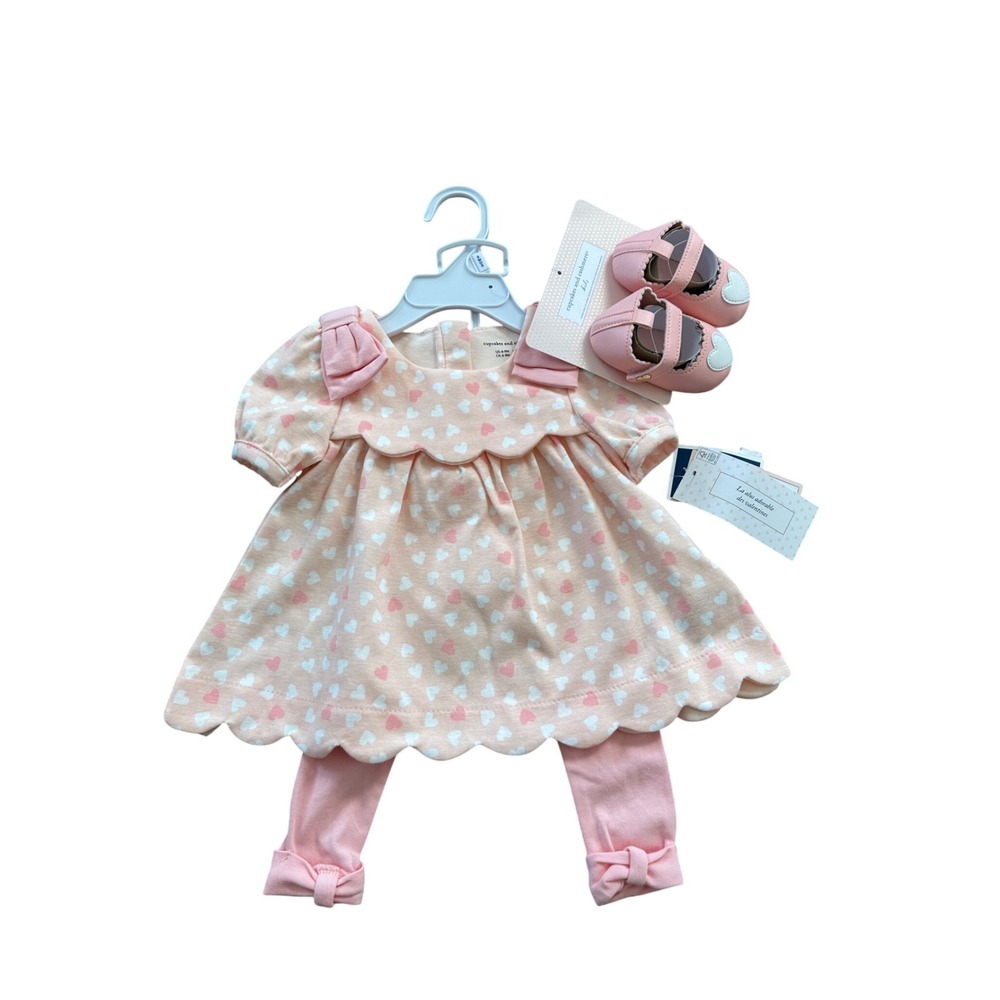 Cupcakes and Cashmere Baby Girls 3pc Heart Dress Leggings Shoes Set Pink 6-9M